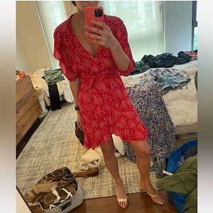 Ba&sh Corazon Rose Red Floral Ruffle V-Neck Mini Wrap Dress